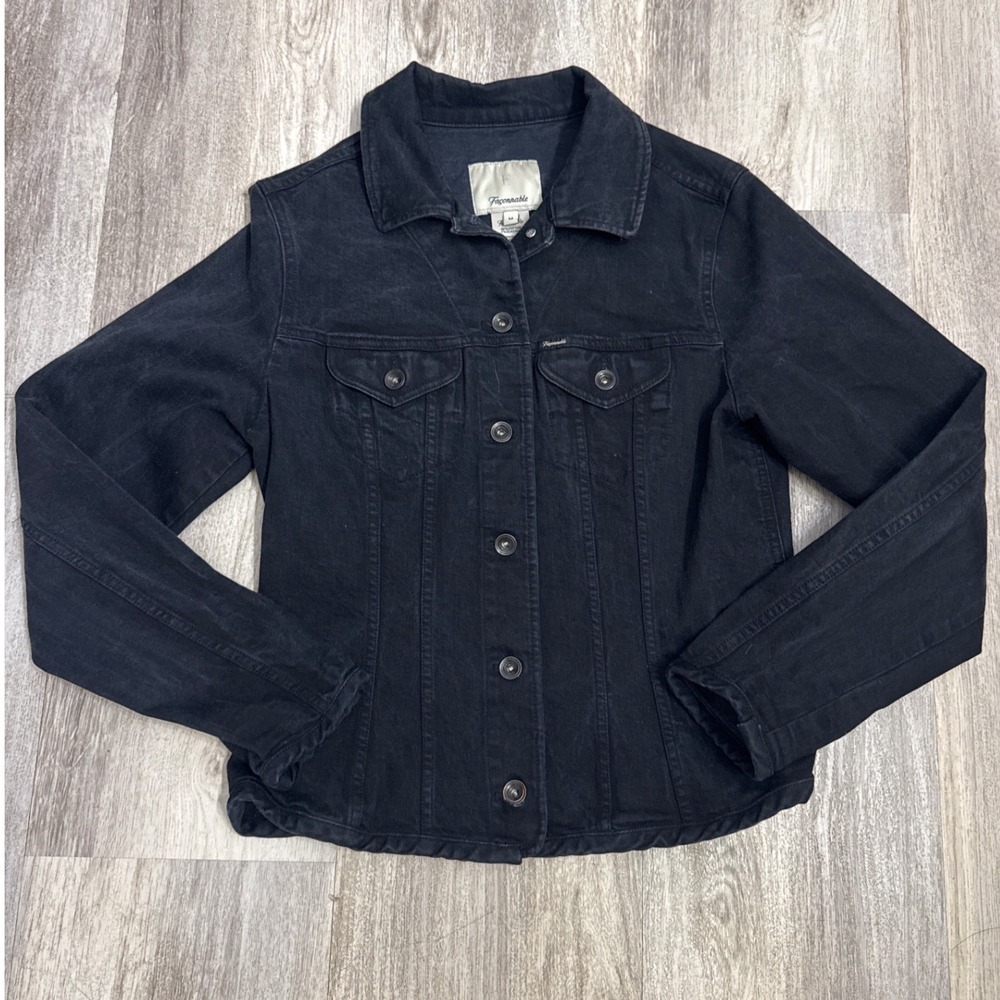 Faconnable Womens Black Stretch Denim Trucker Jacket Size Medium Made in France